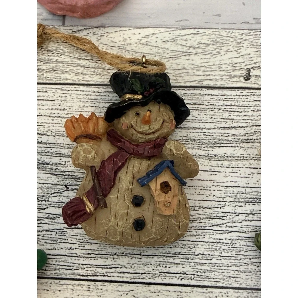 Vintage Y2K Primitive Country Ornaments Set Of 6 Angel Snowman Stocking Santa 2
